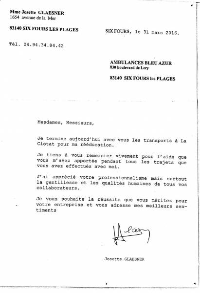 Témoignage patient Ambulances Bleu Azur : un personnel à mon écoute et qui respecte les délais - Mathieu à Sanary sur mer